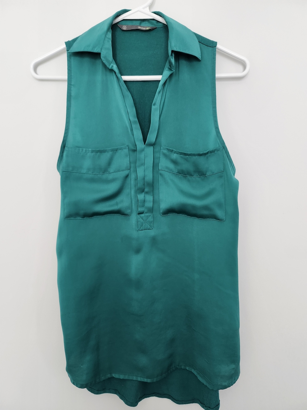 Small Teal Sleeveless Collared Blouse Teal Green Long Tuck  Non Wrinkle